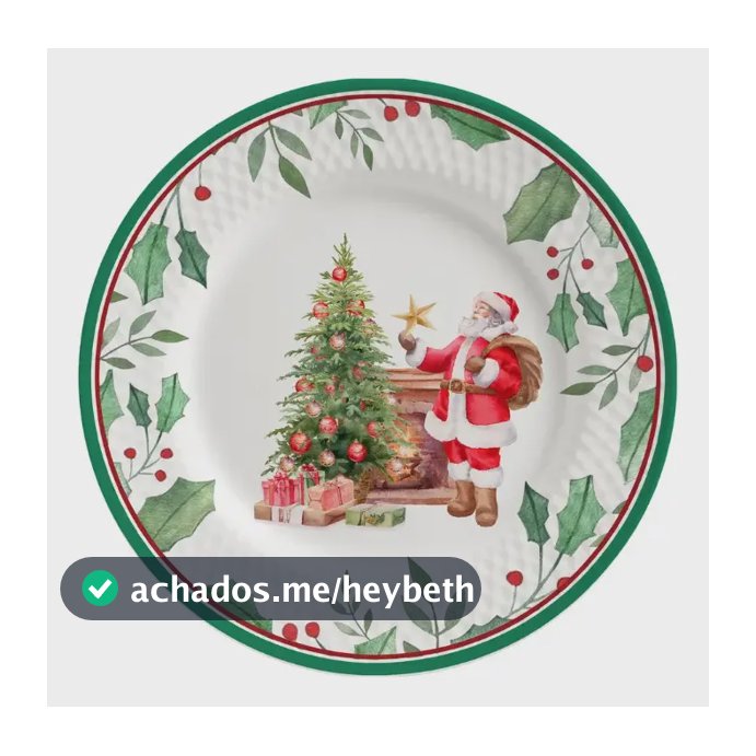 Prato Sobremesa Natal Azevinho Papai Noel Alleanza 6 Un. Verde/ Vermelho Estampa Natal - Natalina Azevinho