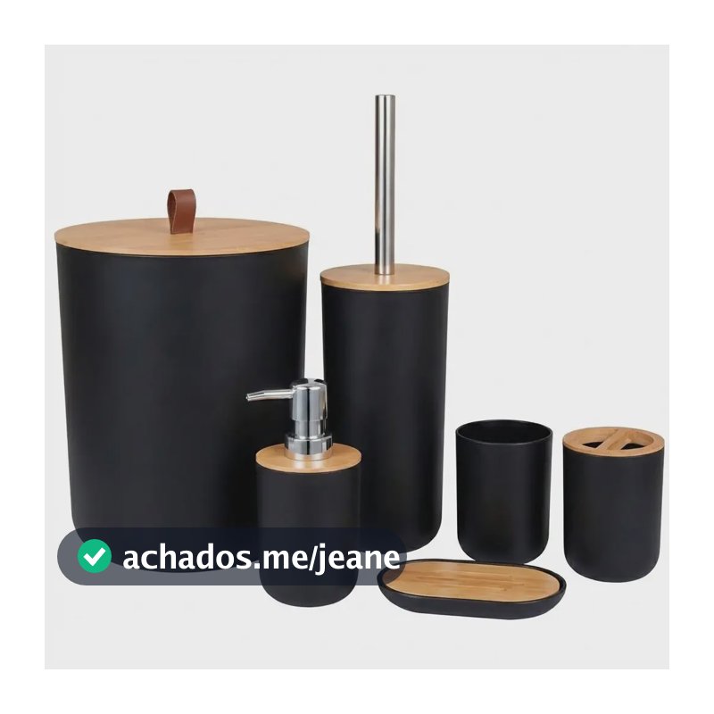 Kit Conjunto Banheiro 6 Peças Lixeira Com Tampa Bambu Plástico Organizador Decoração Lavabo Suporte Sabonete Liquido Escova De Dente Lixo Escova De Vaso Sanitario Preto Shokki