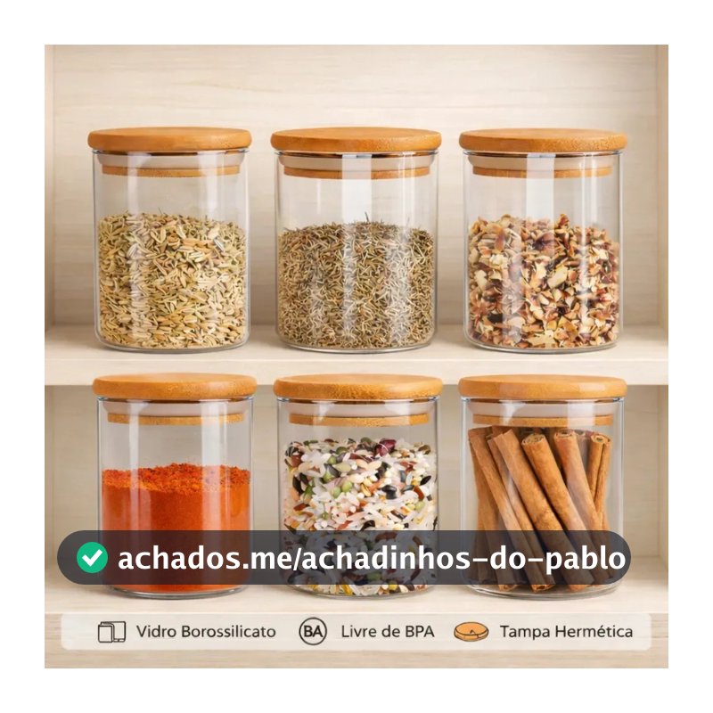Kit 6 Potes De Vidro Herméticos Com Tampa De Bambu De 200ml Para Mantimentos Alimentos Grãos Café Massas Cereais Cozinha Com Vedação Hermética Vidro Borossilicato Livre Bpa Transparente