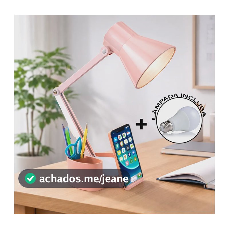 Abajur Luminária Articulada Porta Lápis Home Office Estudo Cúpula Salmão Estrutura Salmão/Branco