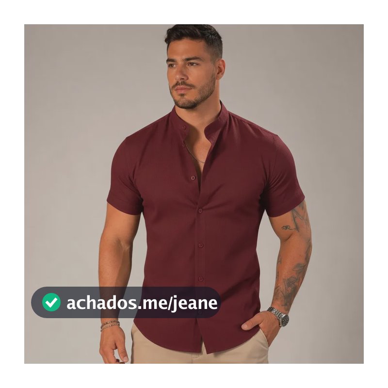 Camisa Social Masculina Gola Padre Manga Curta Slim Fit Vinho Liso Gg