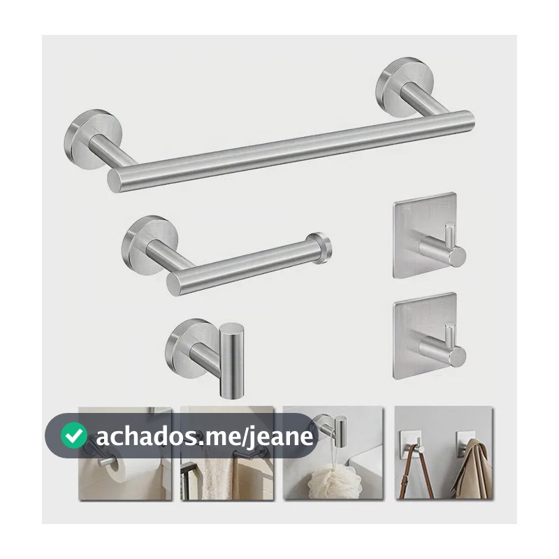 Kit Acessórios Banheiro Cabide Toalheiros Papeleira 5 Peças Prateado