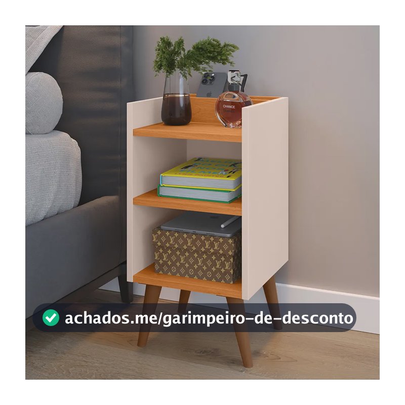 Mesa De Cabeceira Retrô Max Com Porta Celular Praleteira E Nicho Criado Quarto - Off White / Cinamomo