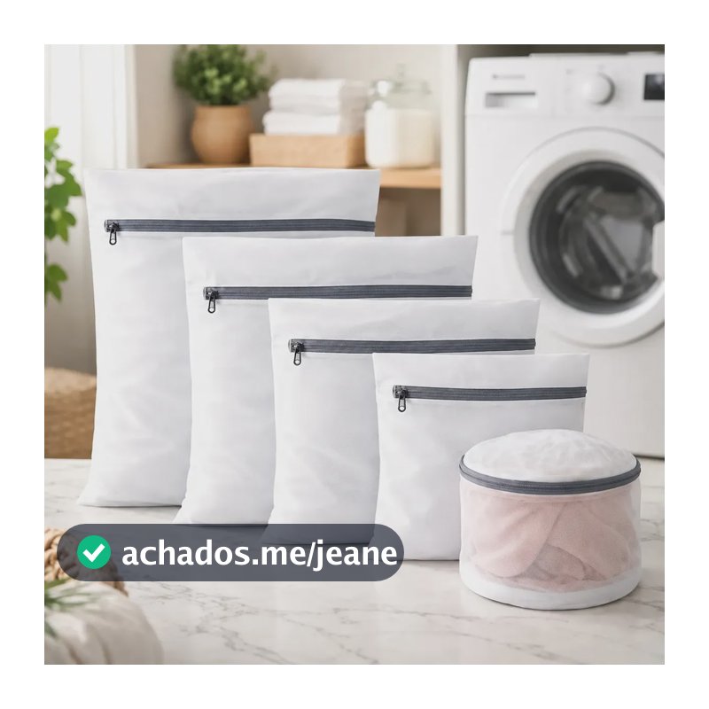 Kit 5 Sacos para Lavar Roupas Delicadas, Nylon Branco e Zíper Kazzio