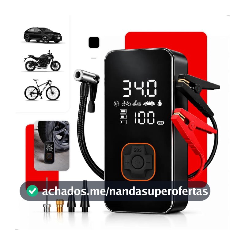 Auxiliar De Partida Bateria Carro Compressor De Ar Portátil 12V 6 funções em 1 Inflador Digital Calibrador Pneu Power Bank Lanterna LED Emergência Automotiva Moto SUV Bicicleta Caminhonete Floots
