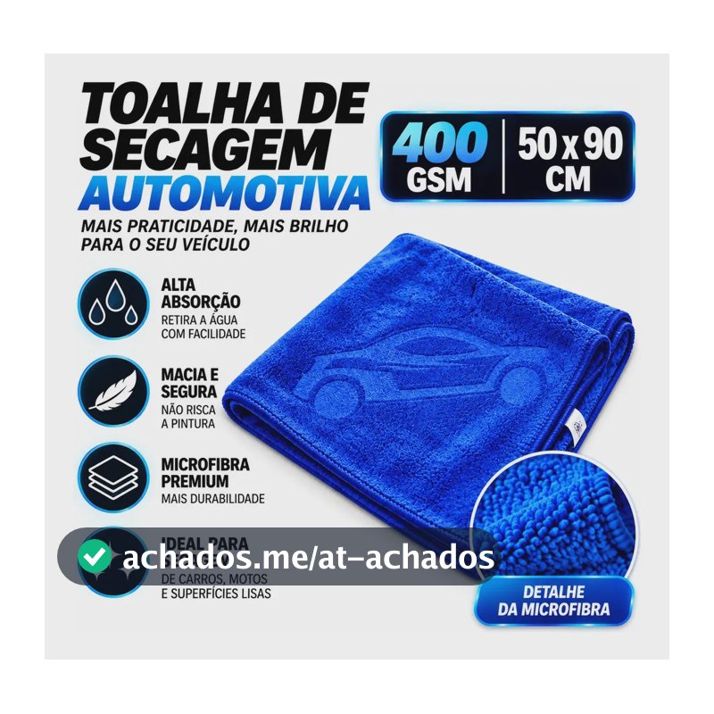 Toalha Para Secagem De Carro Automotiva 400gsm 50x90 Azul