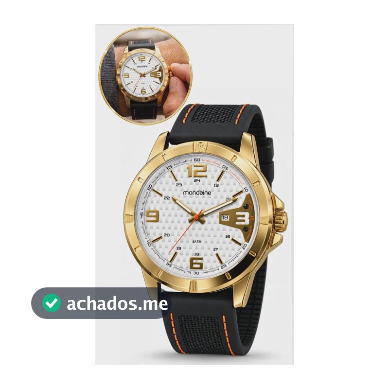 Relógio De Pulso Mondaine Com Corria De Silicone Cor Preto - Fondo Branco - Bisel Dourado