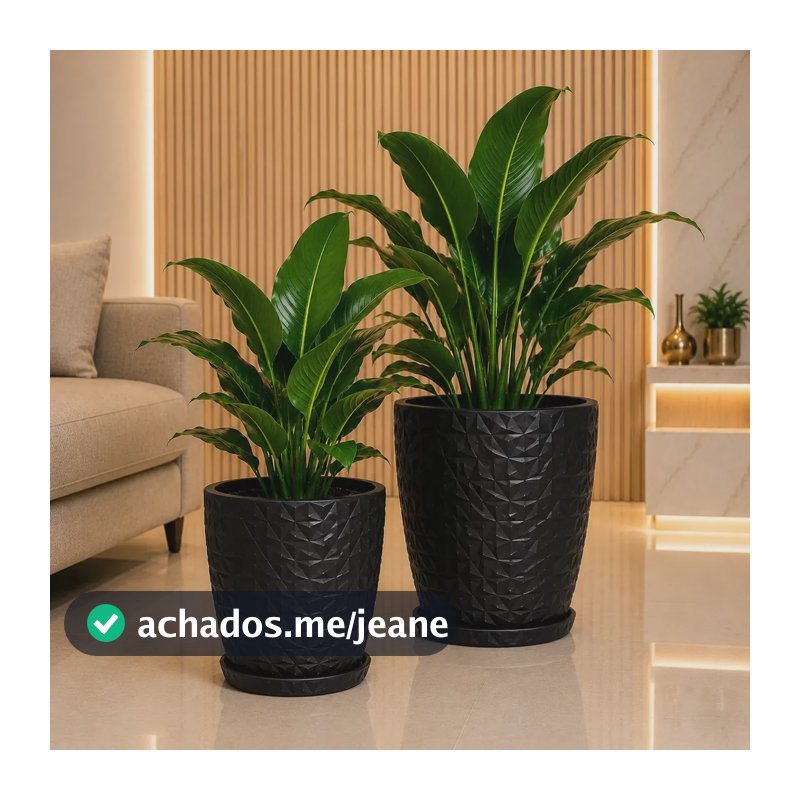 Kit 2 Vasos Decorativos Diamante Grande Com Prato Premium Preto Bojo Diamante