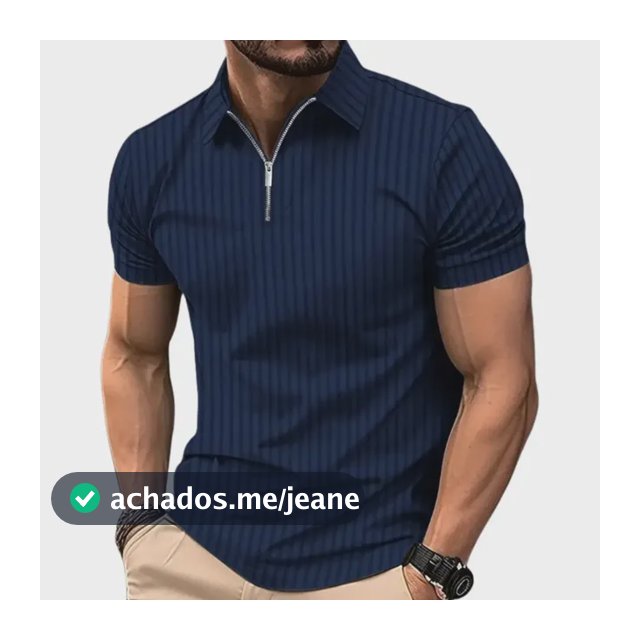 Camiseta Polo Manga Curta Com Ziper Masculina Malha Canelada