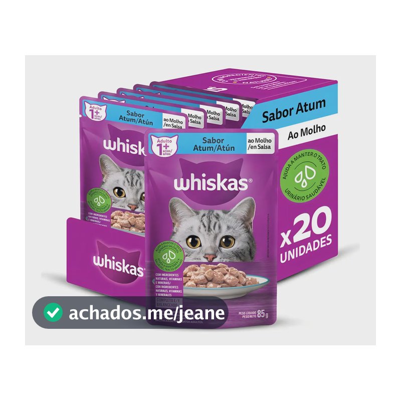 Pack Ração Úmida Whiskas para Gatos Adultos Sachês Atum ao Molho 85g - Caixa com 20 unidades