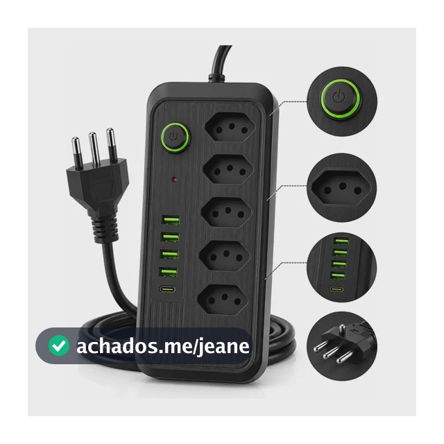 Filtro De Linha Extensão Régua Elétrica Bivolt Usb Tipo C Preto 127/220v