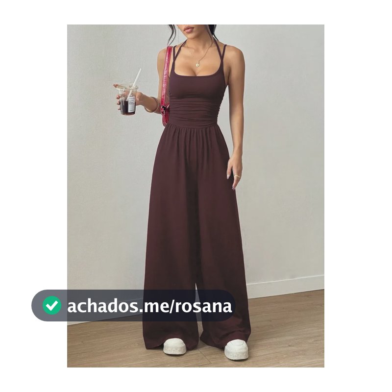 Macacão Feminino Pantalona Alças Dupla Drapeado Casual Marrom Único