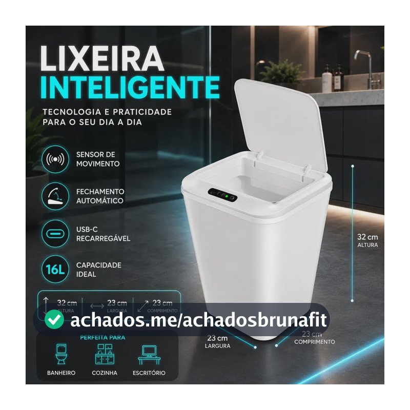 Lixeira Smart Inteligente 16 Litros Quadrada Sensor De Movimento Automático No Touch Branca