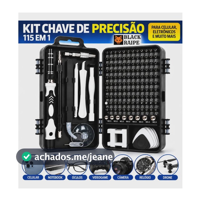 Kit Chaves De Precisão 115 em 1 Black Raipe, para Celular e Eletrônicos