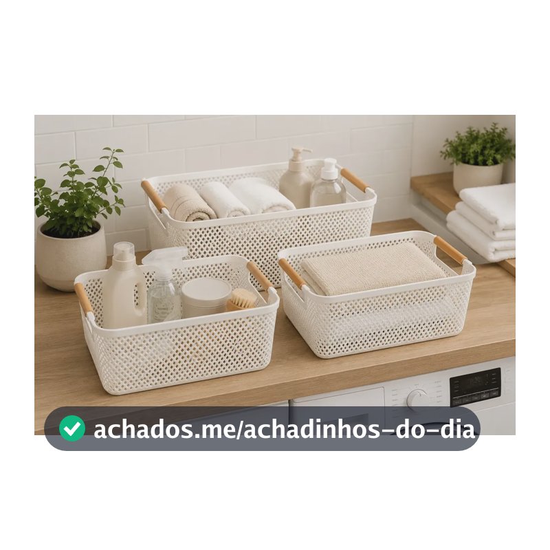 Kit 3 Cesto Organizador Multiuso Alça Madeira 27cm Branco