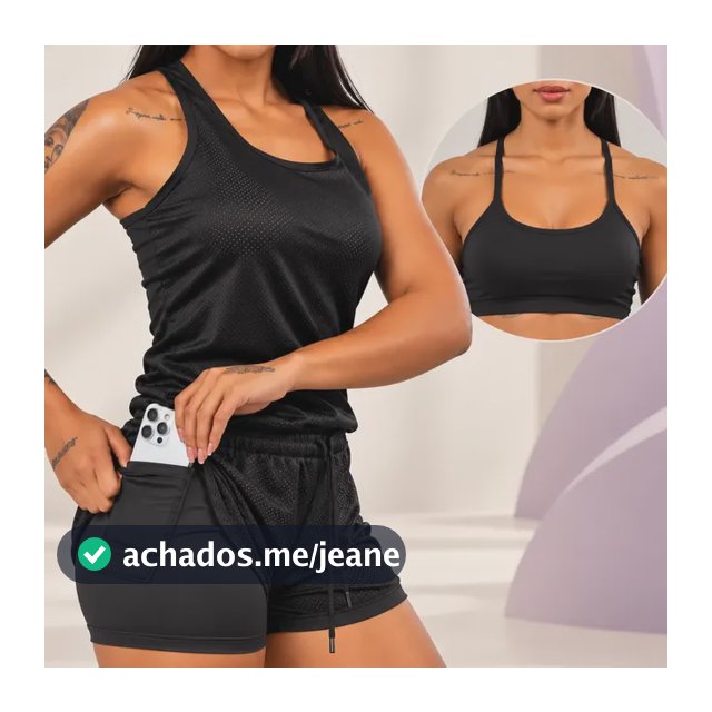 Kit3 Peças Conjunto Fem Academia Regata+short 2em1+top Preto