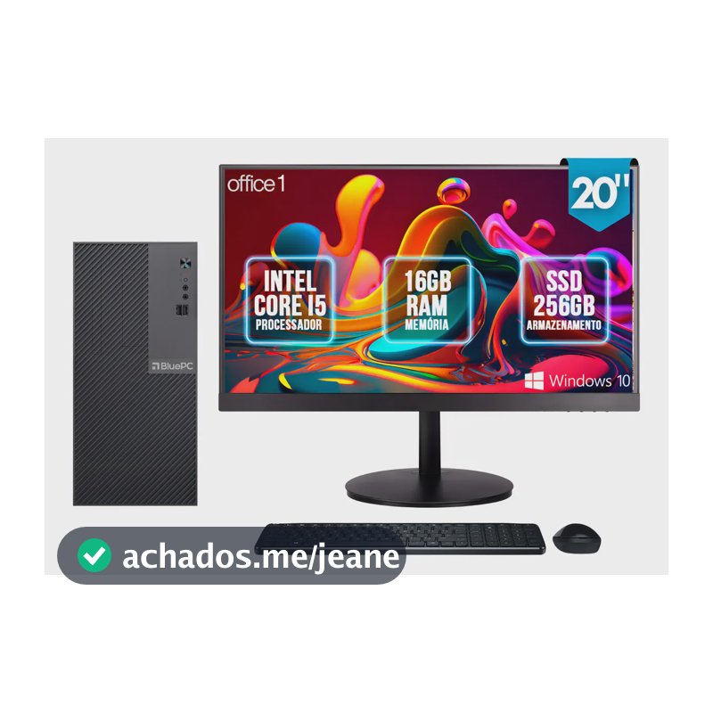 Computador Completo Intel Core i5, 16GB RAM, SSD 256GB, Monitor LED 20", Windows 10 Pro, Preto, Bivolt - BluePC Office1 CDBP-OFF1-108