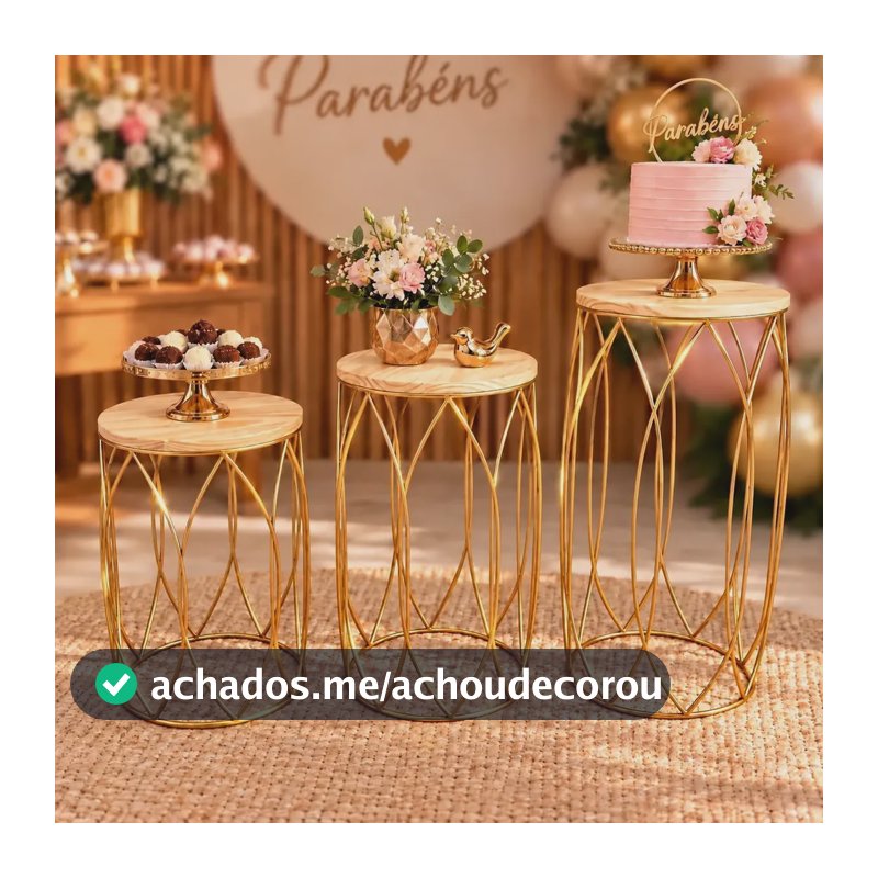 Kit 3 Mesas Para Festa Madeira Pinus Dourada Decoração Luxo Dourado
