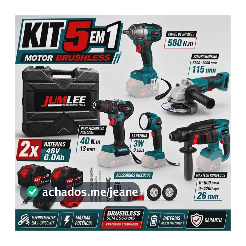Kit Ferramentas 5 Em 1 68V Brushless Com 2 Baterias 8.0Ah Maleta Parafusadeira Furadeira Chave Impacto 580Nm Esmerilhadeira E Martelete JUMLEE