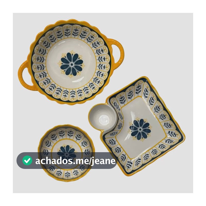 Kit 3 Petisqueira Aperitivo Porcelana Molheira Decorada Bowl Branco E Amarelo