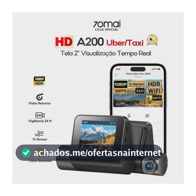 Câmera Veicular Automotiva 70mai A200 2'' Tela HD 1080P Hdr Wifi 60fps Ângulo 130 Camera para Carro 24h Visão Noturna com App G-sensor Vigilância de Estacionamento 24H Gravação de Emergência