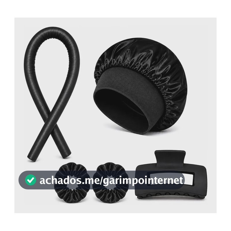 Kit Modelador De Cachos Sem Calor Com Touca E Xuxinhas Cetim Preto
