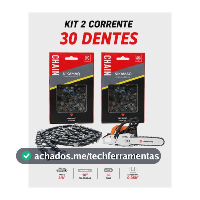 Kit 2 Corrente 30 Dentes Para Motosserra Stihl Ms038 310 360 361 380 381 382 Compatível Com Sabre Saibro 16' Polegadas Nikamaq