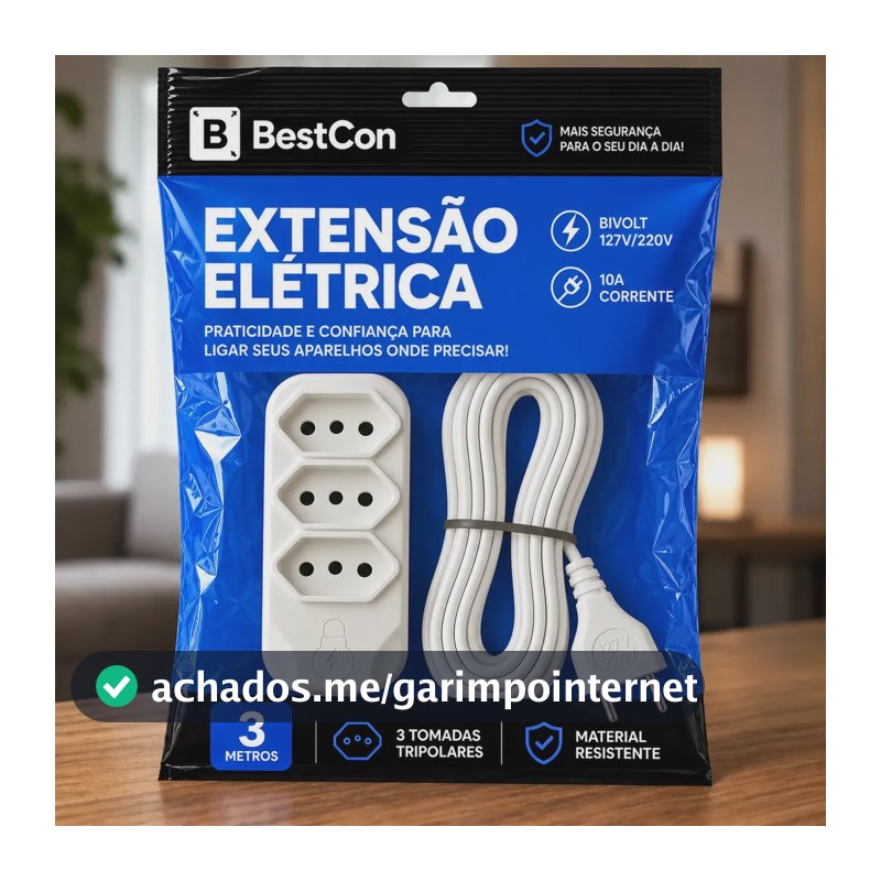 Extensão Elétrica 3 Metros com 3 Tomada Bivolt Branco Bestcon