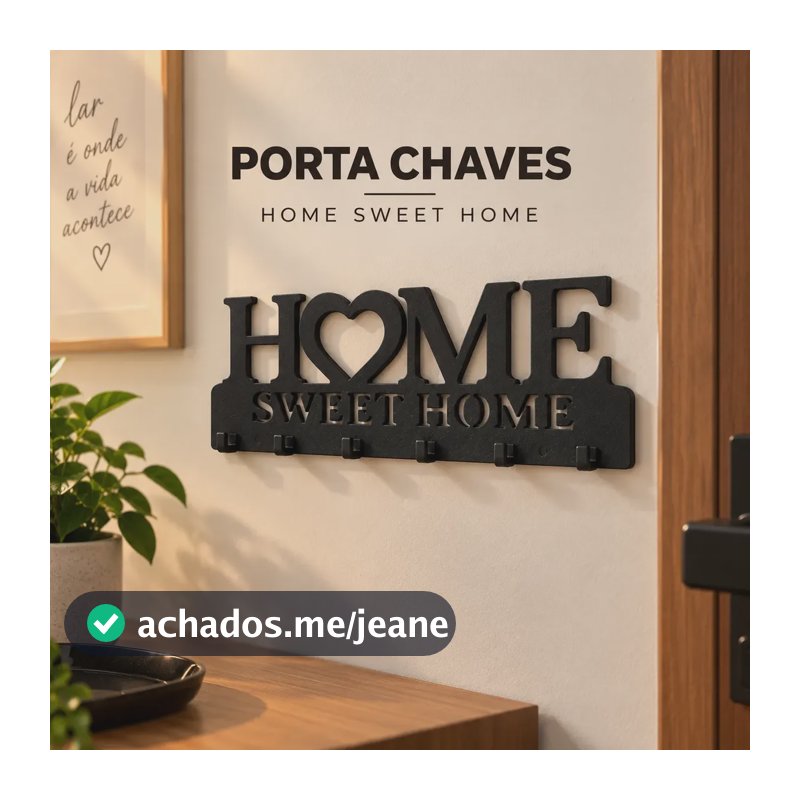 Porta Chaves Parede  Sweet Home 6 Ganchos + Fita Adesiva Preto