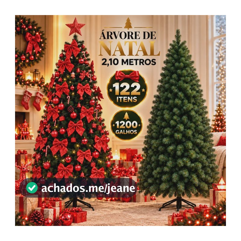 Árvore De Natal 2,10m Decorada Vermelha Luxo Pinheiro Canadense Verde Cheia 1200 Galhos Imperial +122 Itens AQUATTRO