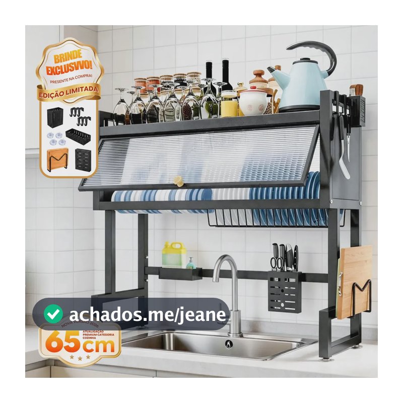 Escorredor de Louça para Pia NEXMIDIO 65 cm com 2 Andares, Porta-Talheres e Porta-Copos em Ferro Preto
