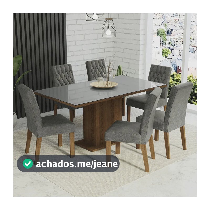 Sala Jantar Estofada Mesa Tampo Vidro 6 Cadeiras Geórgia Madesa Rcs Cor Rustic/Cinza/Silver Desenho do tecido das cadeiras Liso MDJA060134F9SIL