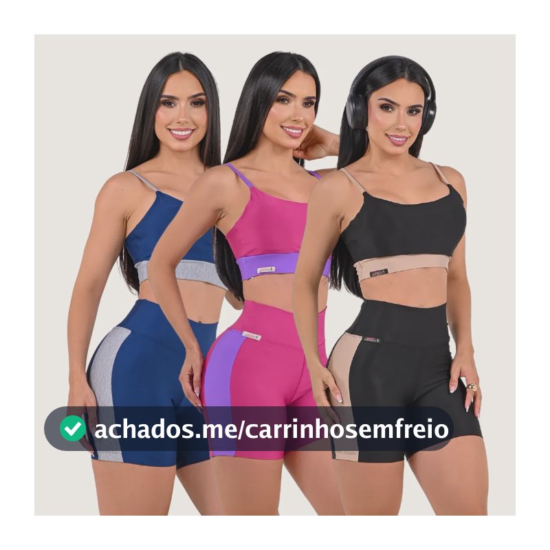 Kit 3 Conjunto Fitness Virginia Cropped Short Academia Azul/pink/preto Liso M/40-42