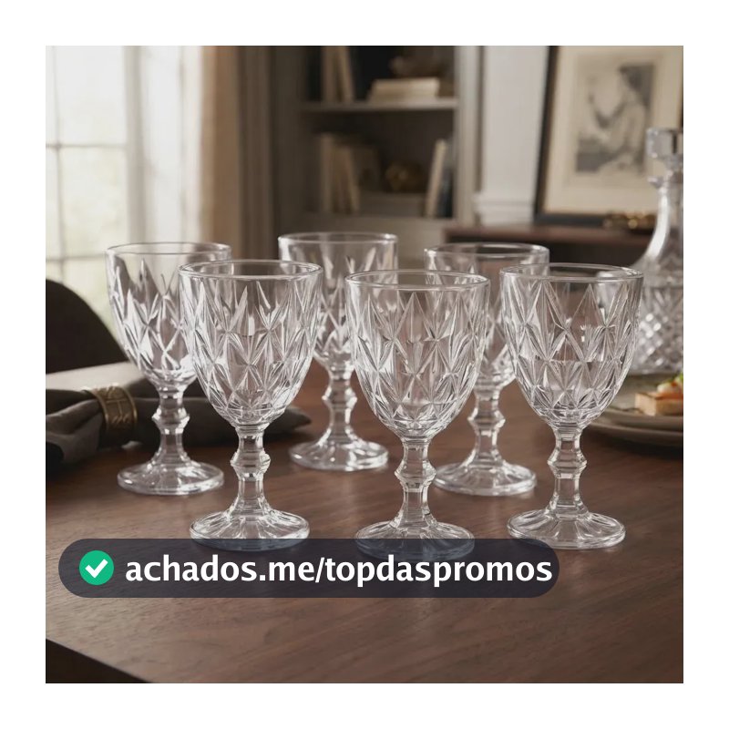 Jogo 6 Taças Diamond Transparente 340ml Vidro Diamante Mesa Transparente