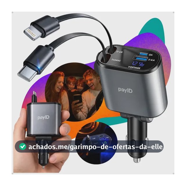 Carregador Veicular Automotivo Payid Com 2 Cabos Retrátil Para Carros Caminhão Carga Rápida 120w Tipo-c E Ios 2 Entradas Usb Super Fast Charge Turbo 4 Em 1 Original Compatível Com iPhone Samsung