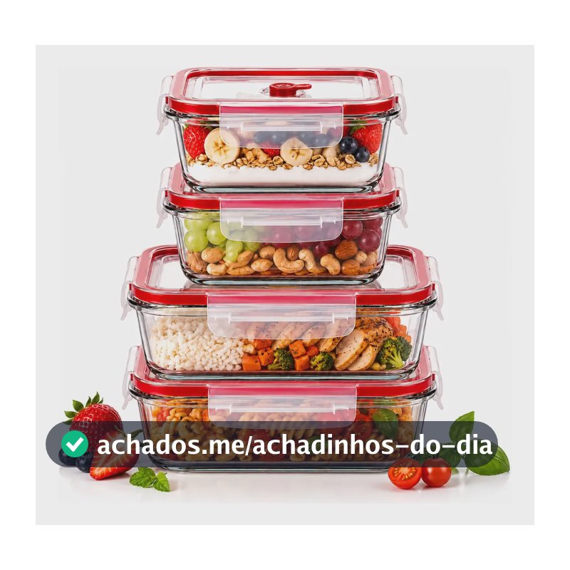 Kit 4 Potes Herméticos Vidro 370ml 640ml Marmita 4 Travas Transparente