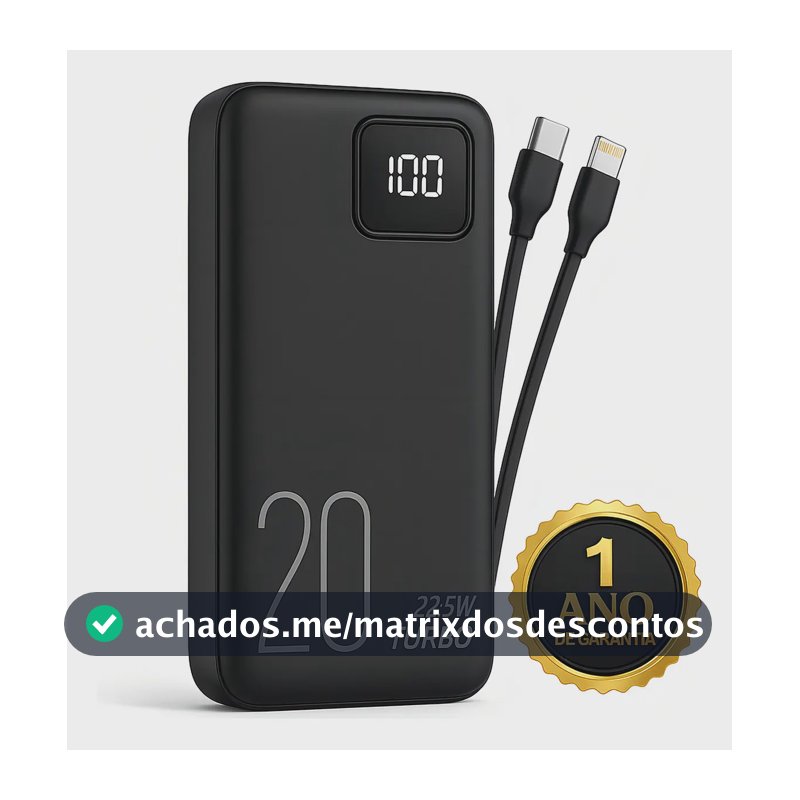 Carregador Portátil Power Bank Turbo 20000mah 22.5w universal para iphone samsung motorola xiaomi Com Display Digital DTimp