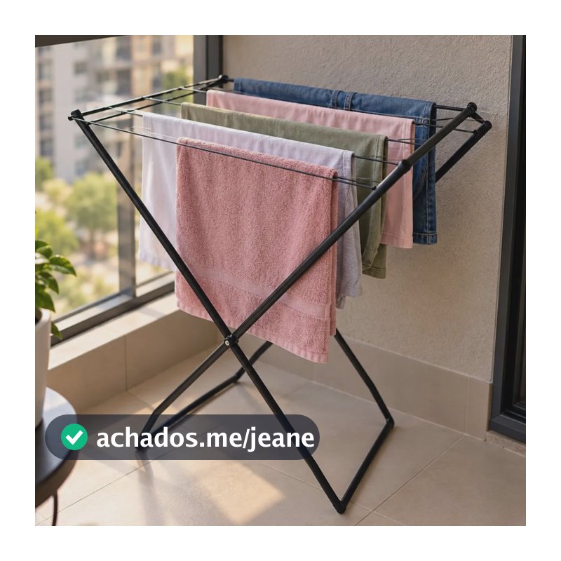 Varal De Chão Compacto Slim Reforçado Dobrável Suporta 16kg Preto