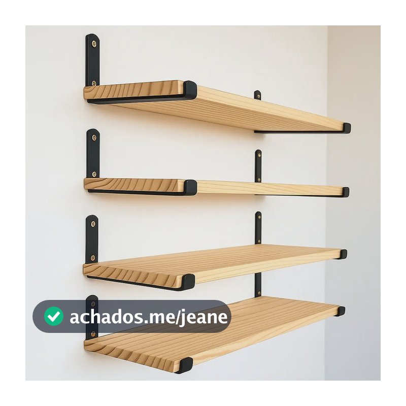 Kit 4 Prateleiras De Parede Em Madeira Maciça E Ferro Preto E Madeira 50x15cm Pinus Aparelhado e Seco Mãos francesas em Ferro com Pintura Eletrostática Suportes de Parede e Parafusos e Buchas incluso
