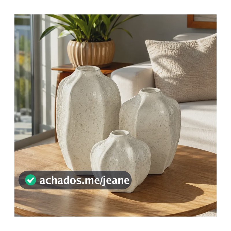 Kit 3 Vasos Cerâmica Orgânico Para Decoração Sofisticado Crema Orgânico