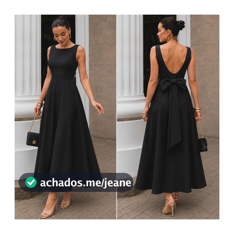 Vestido Longo Feminino Decote Canoa E Laço Alfaiataria Luxo Preto Liso G
