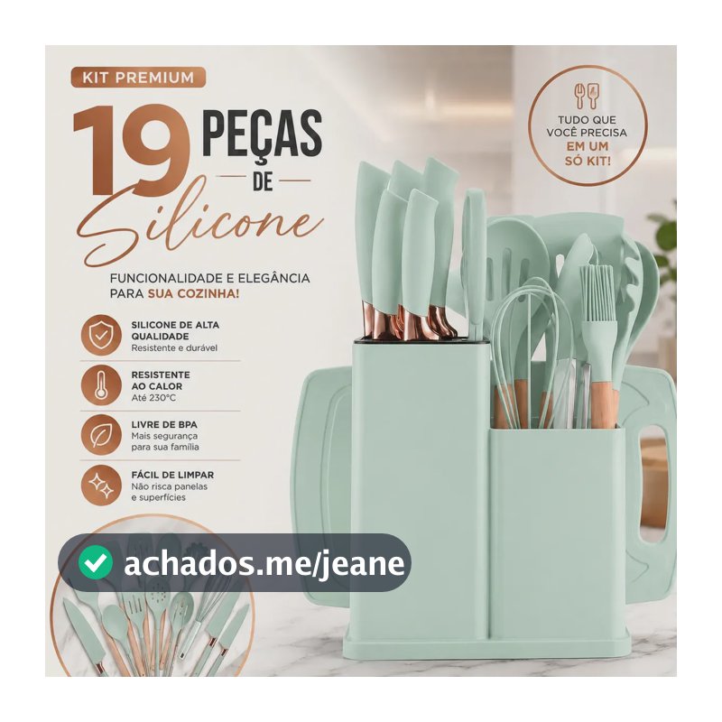 Kit de 19 Utensílios de Silicone Com Cabo de Madeira Para Panelas Antiaderentes Verde