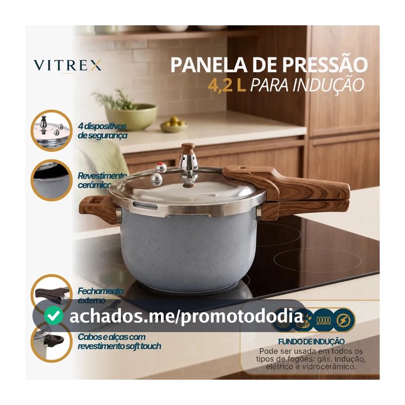 Panela de Pressão Vitrex Ceramic 4.2 L Cinza, com Indução e Antiaderente