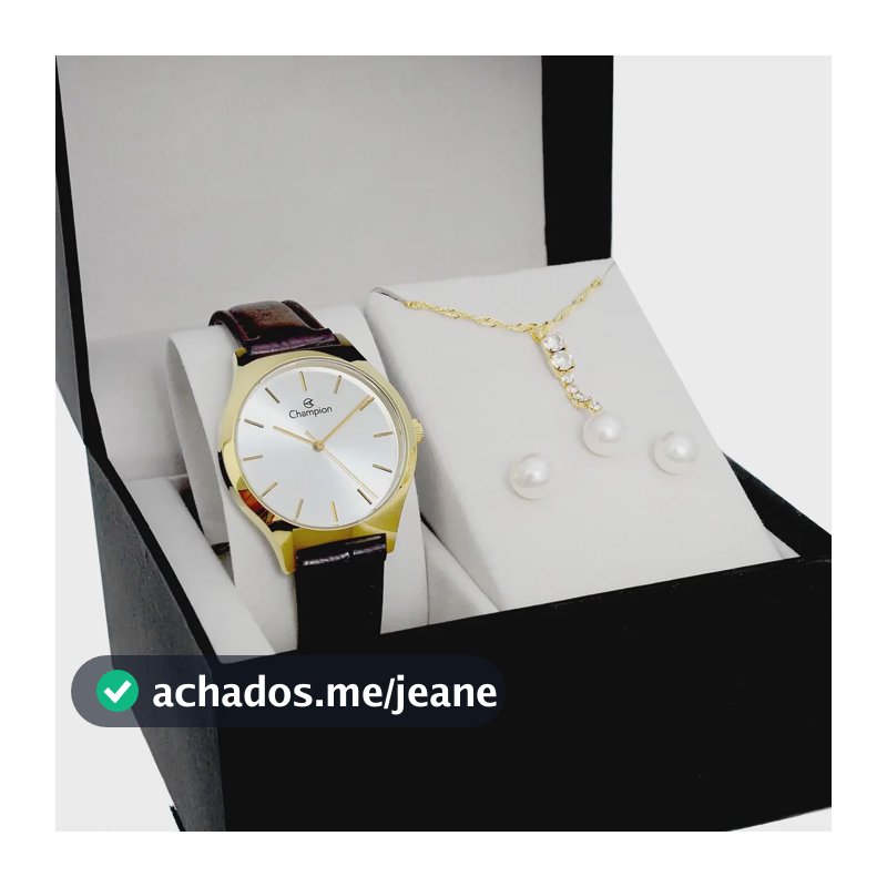 Kit Relogio Champion Feminino Cn20186w Dourado Couro Marrom Dourado Prata