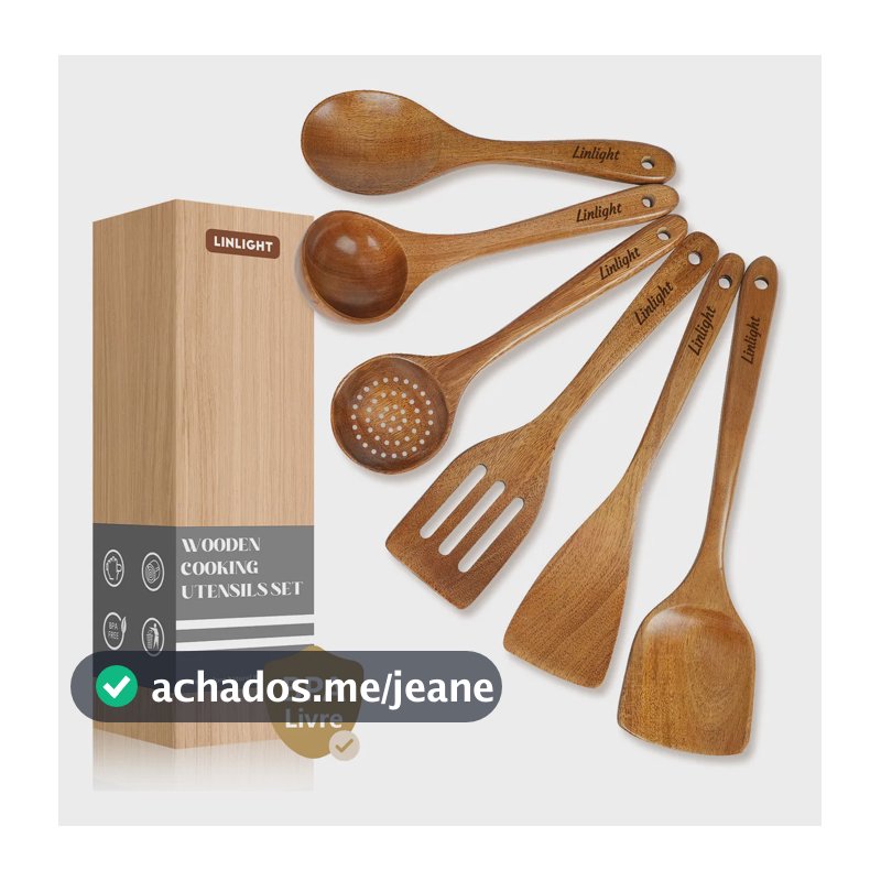 Kit 6 Utensílios Cozinha Escumadeira Madeira Resistentes Ao Calor - Livre de BPA