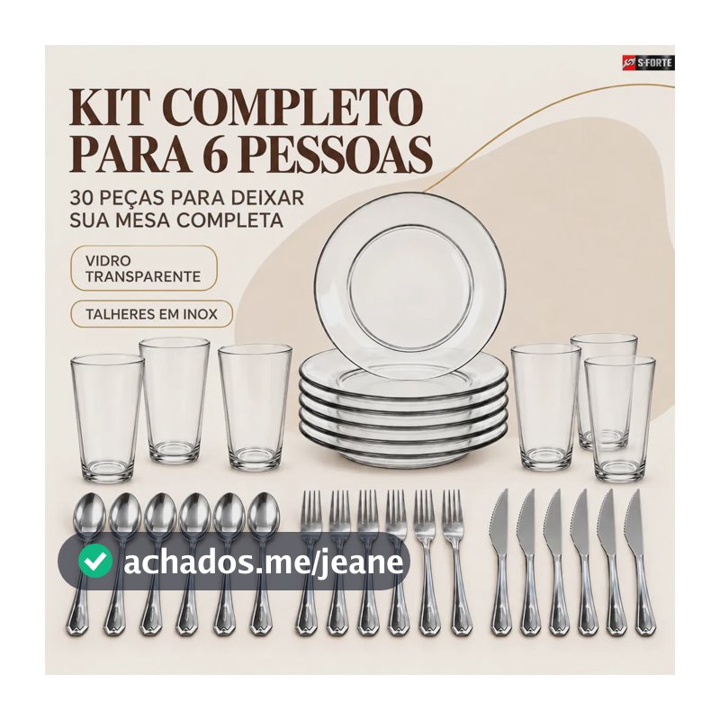 Kit 30 Peças Aparelho de Jantar Pratos Copos e Talheres Inox Prata