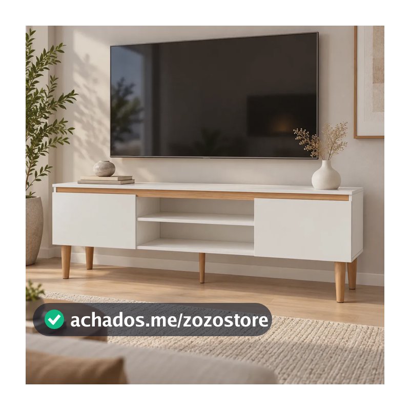 Rack Tv 55 Polegadas Estante Para Sala com 2 portas Nicho com Prateleira Madeira com Detalhe em Amadeirado Claro Branco