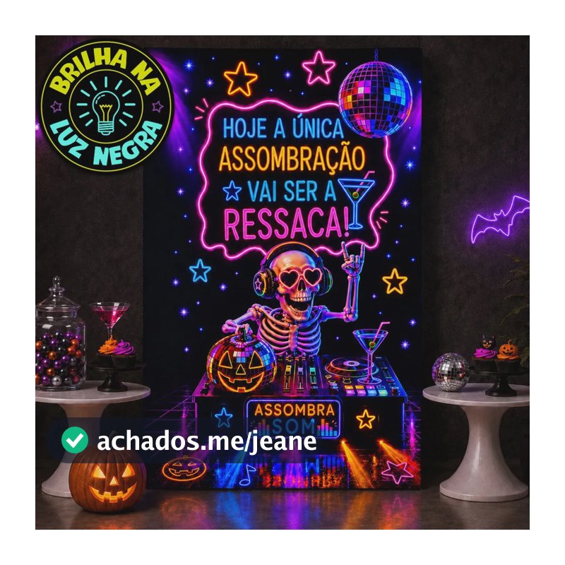 Painel Halloween Brilha no Escuro com tinta Neon Decoração Festa Halloween Esqueleto Dia das Bruxas em Tecido Sublimado