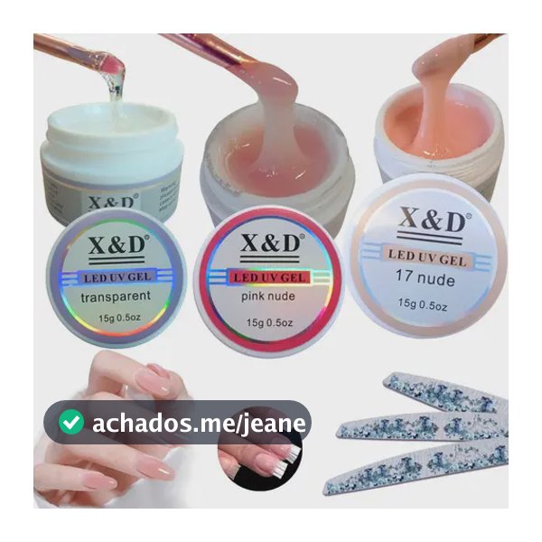 Kit Gel Alongamento Unhas X&D 3 Cores Cada + Lixa Banana 100/180