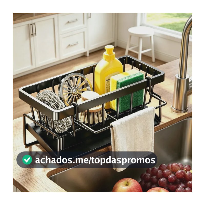 Porta Esponja Luctec Organizador Pia 2 Compartimentos Preto Preto